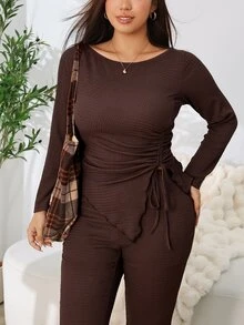 Solflare Plus Size Asymmetrical Hem Long Sleeve Top And Frill Trim Pants 2 Pieces Set - Coffee Brown - View 5