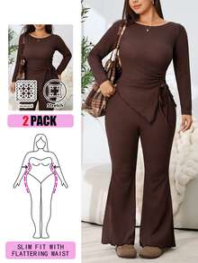 Solflare Plus Size Asymmetrical Hem Long Sleeve Top And Frill Trim Pants 2 Pieces Set - Coffee Brown - View 1