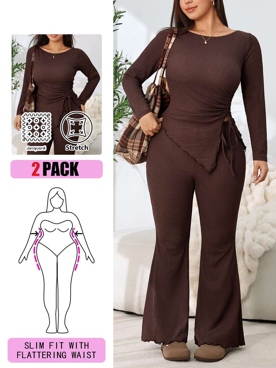Solflare Plus Size Asymmetrical Hem Long Sleeve Top And Frill Trim Pants 2 Pieces Set - Coffee Brown - View 1