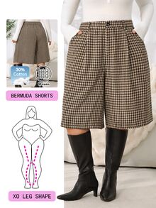 Solflare Plus Size Vintage 1950s Smart Fashion Button Pocket Pleated Bermuda Shorts Fall Office Party - Multicolor - View 2