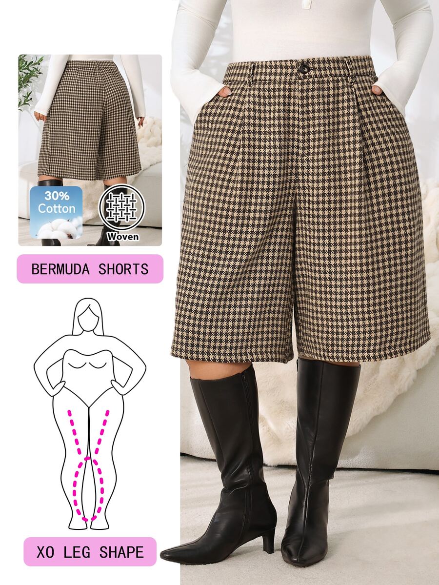 Solflare Plus Size Vintage 1950s Smart Fashion Button Pocket Pleated Bermuda Shorts Fall Office Party