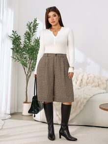 Solflare Plus Size Vintage 1950s Smart Fashion Button Pocket Pleated Bermuda Shorts Fall Office Party - Multicolor - View 4