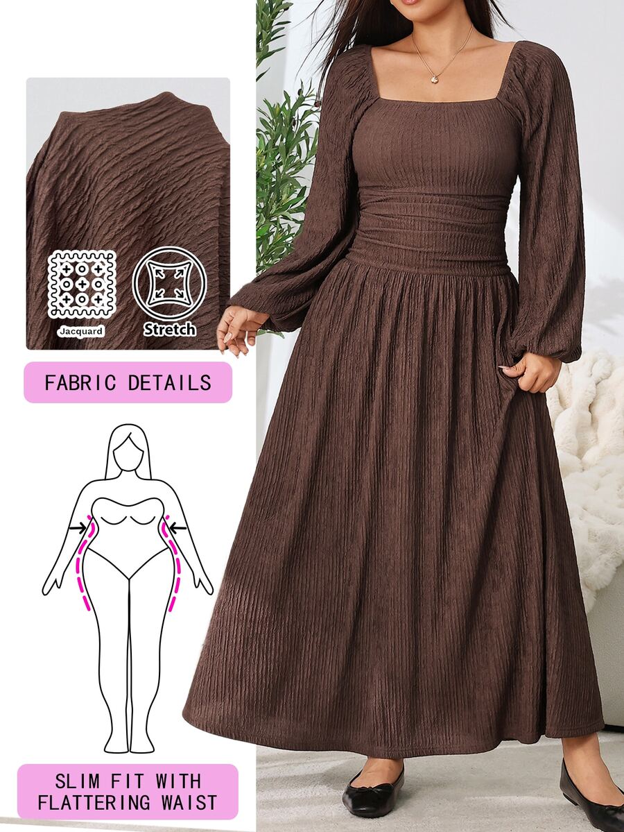 Solflare Plus Size Casual Elegant Textured Waist-Cinching Long Sleeve Dress Fall Thanksgiving Brunch Birthday Party Brown