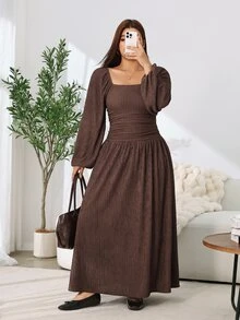 Solflare Plus Size Casual Elegant Textured Waist-Cinching Long Sleeve Dress Fall Thanksgiving Brunch Birthday Party Brown - Brown - View 5