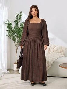 Solflare Plus Size Casual Elegant Textured Waist-Cinching Long Sleeve Dress Fall Thanksgiving Brunch Birthday Party Brown - Brown - View 4