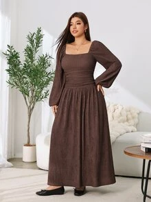Solflare Plus Size Casual Elegant Textured Waist-Cinching Long Sleeve Dress Fall Thanksgiving Brunch Birthday Party Brown - Brown - View 6