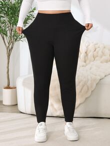 Solflare 大尺碼高腰口袋內搭褲，簡約百搭 - 黑色 - 查看 5