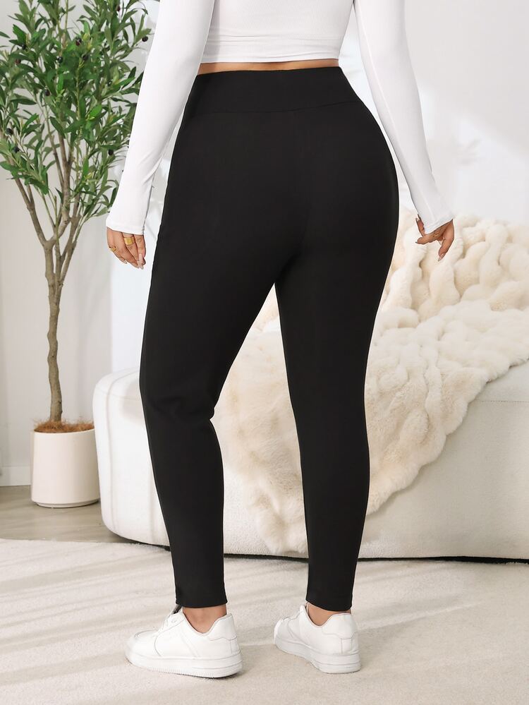 Solflare Plus Size High Waist Pocket Leggings, Simple And Versatile - Black - View 2