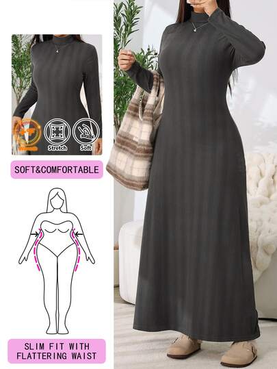 Solflare Vestido de manga larga con cuello alto acanalado minimalista de talla grande
