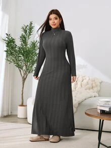 Solflare Đầm tay dài cổ cao gân tăm phong cách tối giản size lớn - Màu xám đen - Xem 8