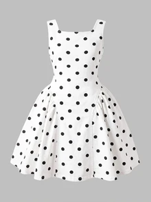 Vestido de mezclilla para niñas de otoño, vestido de mezclilla de algodón lavado con estampado de lunares y tirantes finos, diseño con lazo decorativo en la espalda, desmontable, estilo casual de vacaciones, para la escuela - Blanco - Ver 2