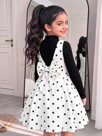 Girls' Autumn Denim Dress, Washed Cotton Polka Dot Print Denim Spaghetti Strap Dress, Back Bow Decor Design, Detachable, Casual Vacation Style, School