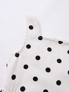 Vestido de mezclilla para niñas de otoño, vestido de mezclilla de algodón lavado con estampado de lunares y tirantes finos, diseño con lazo decorativo en la espalda, desmontable, estilo casual de vacaciones, para la escuela - Blanco - Ver 4