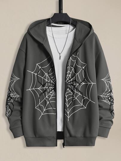 EASEVO Men's Plus Size Spider Web Print Hoodie Halloween Off Campus Vacation Dark Grey Autumn Goth Streetwear Halloween Plus Size
