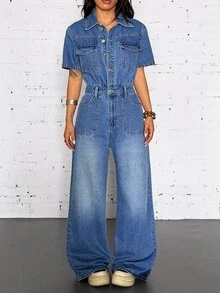 StreetHx High Elastic Street Style Sexy Denim Jumpsuit,Fall/Winter,New Year Outfit - Blue - View 4