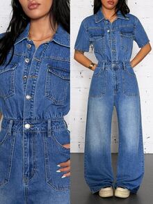 StreetHx High Elastic Street Style Sexy Denim Jumpsuit,Fall/Winter,New Year Outfit - Blue - View 1