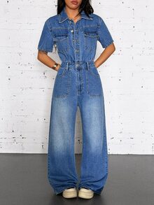 StreetHx High Elastic Street Style Sexy Denim Jumpsuit,Fall/Winter,New Year Outfit - Blue - View 3