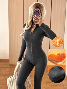 SHEIN EZwear 秋冬運動滑雪抓絨內裡舒適上衣與長褲2件套慢跑服健身裝深灰色休閒 - 深灰色 - 查看 8