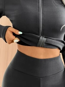 SHEIN EZwear 秋冬運動滑雪抓絨內裡舒適上衣與長褲2件套慢跑服健身裝深灰色休閒 - 深灰色 - 查看 4
