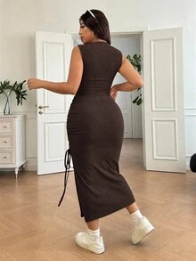 SHEIN EZwear 大码女式休闲褶皱侧开衩连衣裙、婚礼宾客礼服、太阳裙、节日、生日礼服 - 巧克力棕 - 查看 2