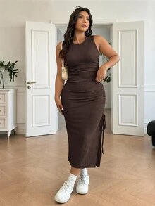 SHEIN EZwear 大码女式休闲褶皱侧开衩连衣裙、婚礼宾客礼服、太阳裙、节日、生日礼服 - 巧克力棕 - 查看 5