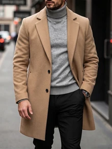 Manfinity Homme En's 素色口袋鈕扣前襟長袖大衣，秋季服飾，冬季儀式穿著 - 灰色 - 查看 7