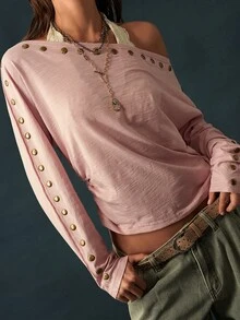 Bohemela Women's Rivet Design Asymmetric Shoulder Long Sleeve Casual T-Shirt Night Out Dusty Pink Autumn - Pink - View 4