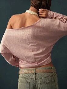 Bohemela Women's Rivet Design Asymmetric Shoulder Long Sleeve Casual T-Shirt Night Out Dusty Pink Autumn - Pink - View 7
