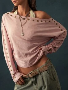 Bohemela Women's Rivet Design Asymmetric Shoulder Long Sleeve Casual T-Shirt Night Out Dusty Pink Autumn - Pink - View 2