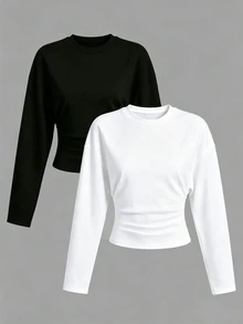 QUELARIE Autumn Casual Versatile Solid Color Waist-Cinching Long Sleeve Top - Multicolor - View 1