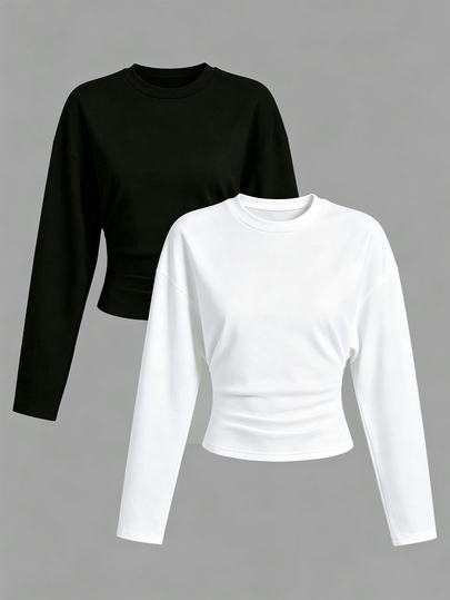 QUELARIE Autumn Casual Versatile Solid Color Waist-Cinching Long Sleeve Top