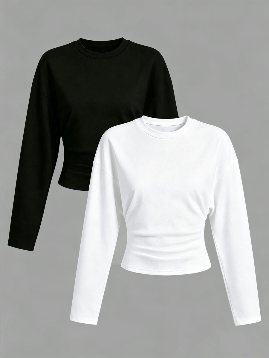 QUELARIE Autumn Casual Versatile Solid Color Waist-Cinching Long Sleeve Top - Multicolor - View 1