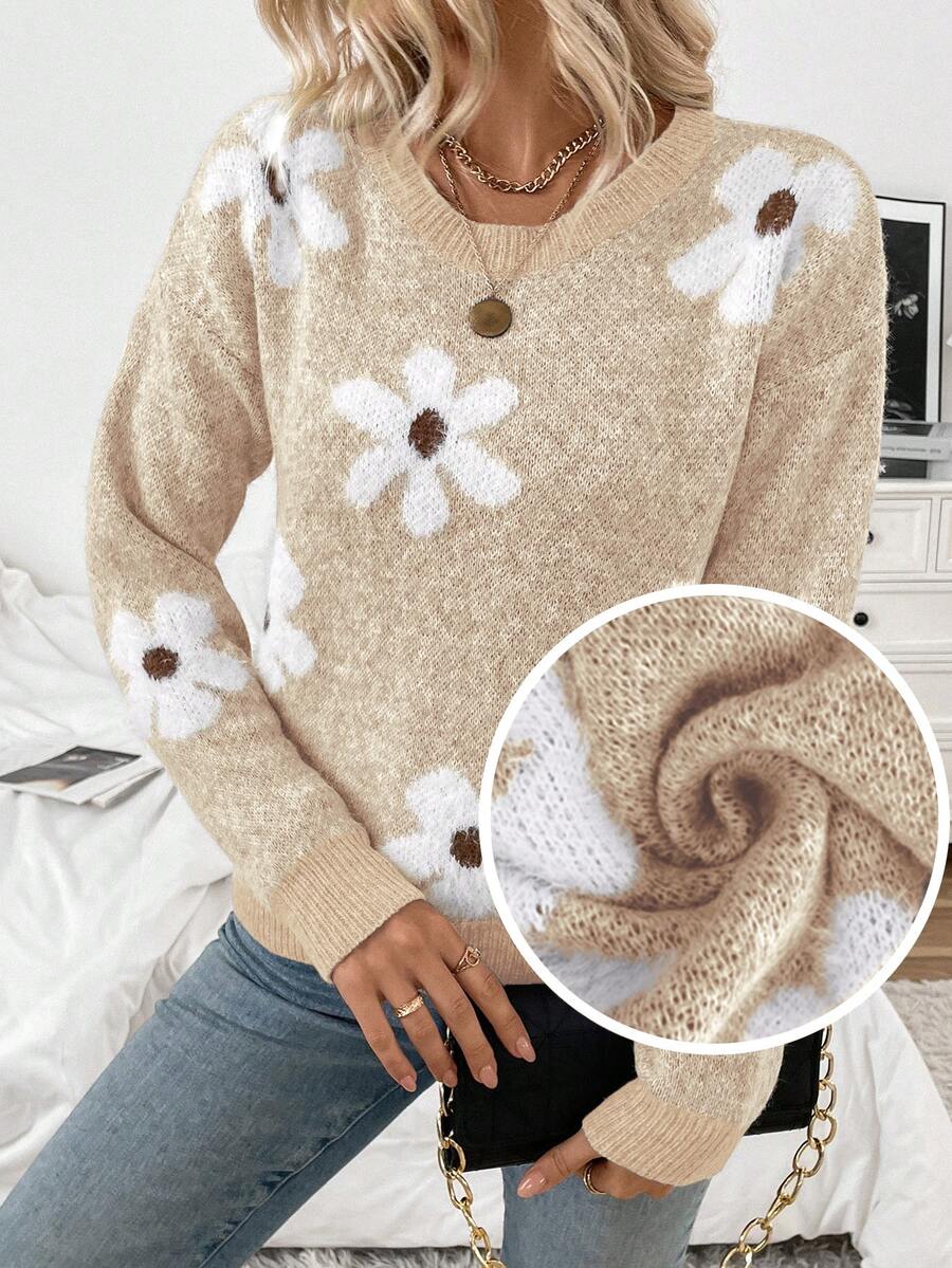 SHEIN Holidaya 女款休閒毛茸茸花卉圖案圓領落肩長袖秋冬針織套頭毛衣 - 彩色 - 查看 1