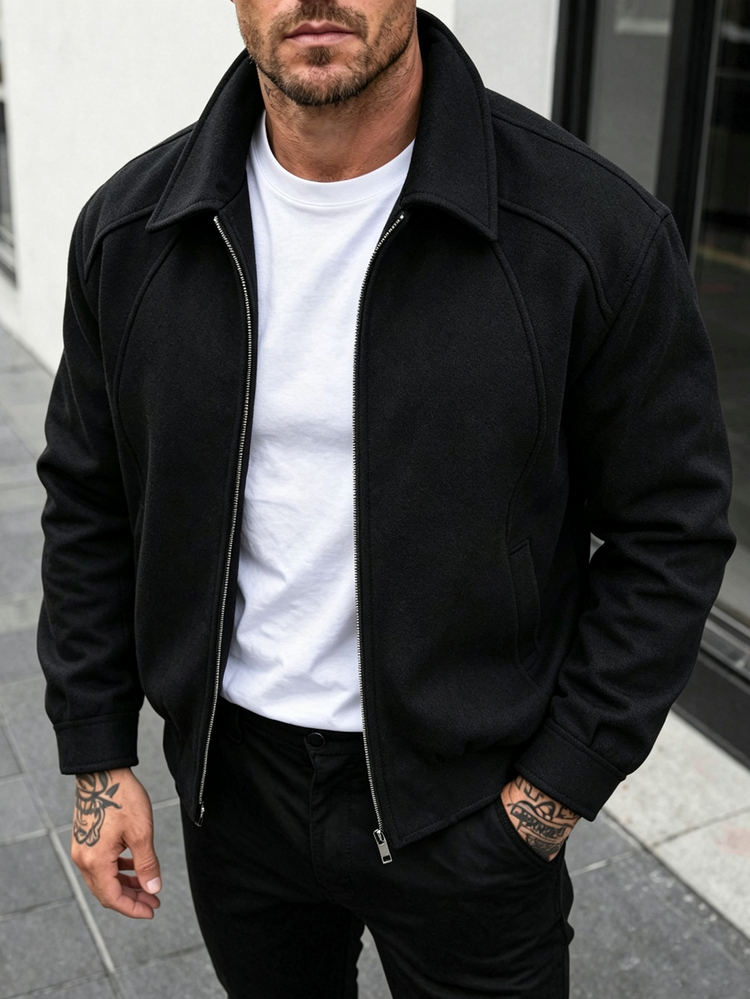 Manfinity CasualCool Men Solid Color Casual Long Sleeve Overcoat, Suitable For Autumn And Winter Men Cream Button Up Over - Black - View 3
