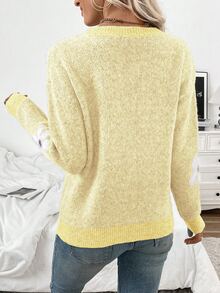 SHEIN LUNE 女款休閒毛絨花卉圖案圓領落肩長袖秋冬針織套頭毛衣 - 彩色 - 查看 3