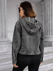 SHEIN Frenchy 女款抽繩連帽單排扣休閒百搭日常牛仔夾克 - 深灰色 - 查看 2