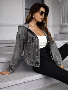 SHEIN Frenchy 女款抽繩連帽單排扣休閒百搭日常牛仔夾克 - 深灰色 - 查看 5