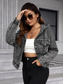 SHEIN Frenchy 女款抽繩連帽單排扣休閒百搭日常牛仔夾克 - 深灰色 - 查看 6