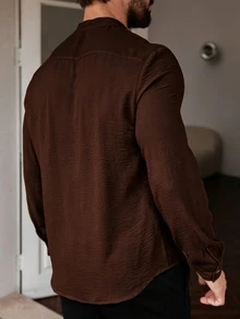 Manfinity Homme 男士休閒拼接丹寧口袋商務襯衫 - 棕色 - 查看 2