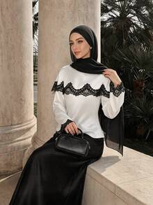 Celisse Autumn Contrast Color Lace Patchwork Shoulder 2 In 1 Back Cinched Waist Long Sleeve Elegant Women's Blouse - White - View 4