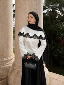 Celisse Autumn Contrast Color Lace Patchwork Shoulder 2 In 1 Back Cinched Waist Long Sleeve Elegant Women's Blouse - White - View 5