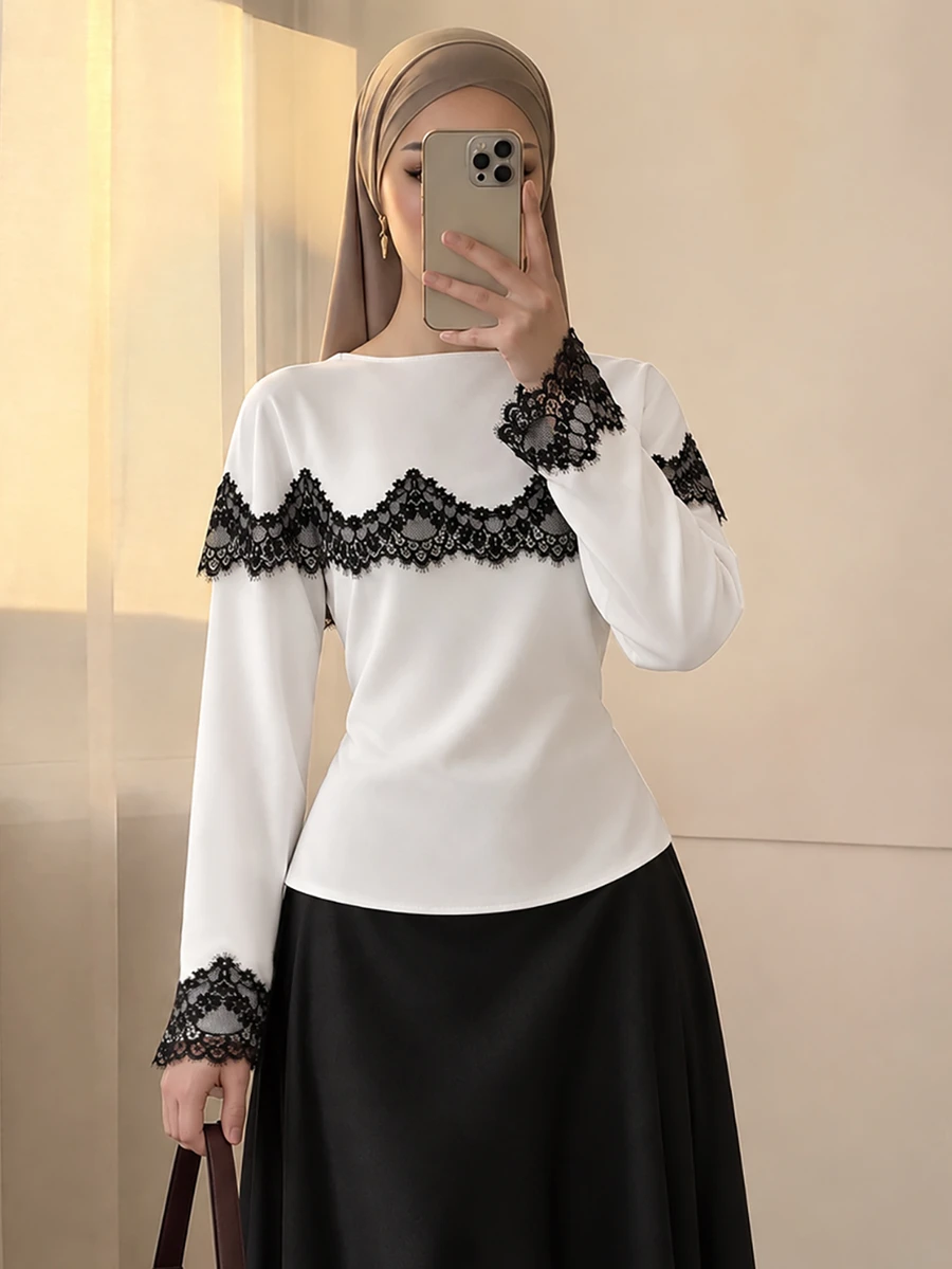 Celisse Autumn Contrast Color Lace Patchwork Shoulder 2 In 1 Back Cinched Waist Long Sleeve Elegant Women's Blouse - White - View 1