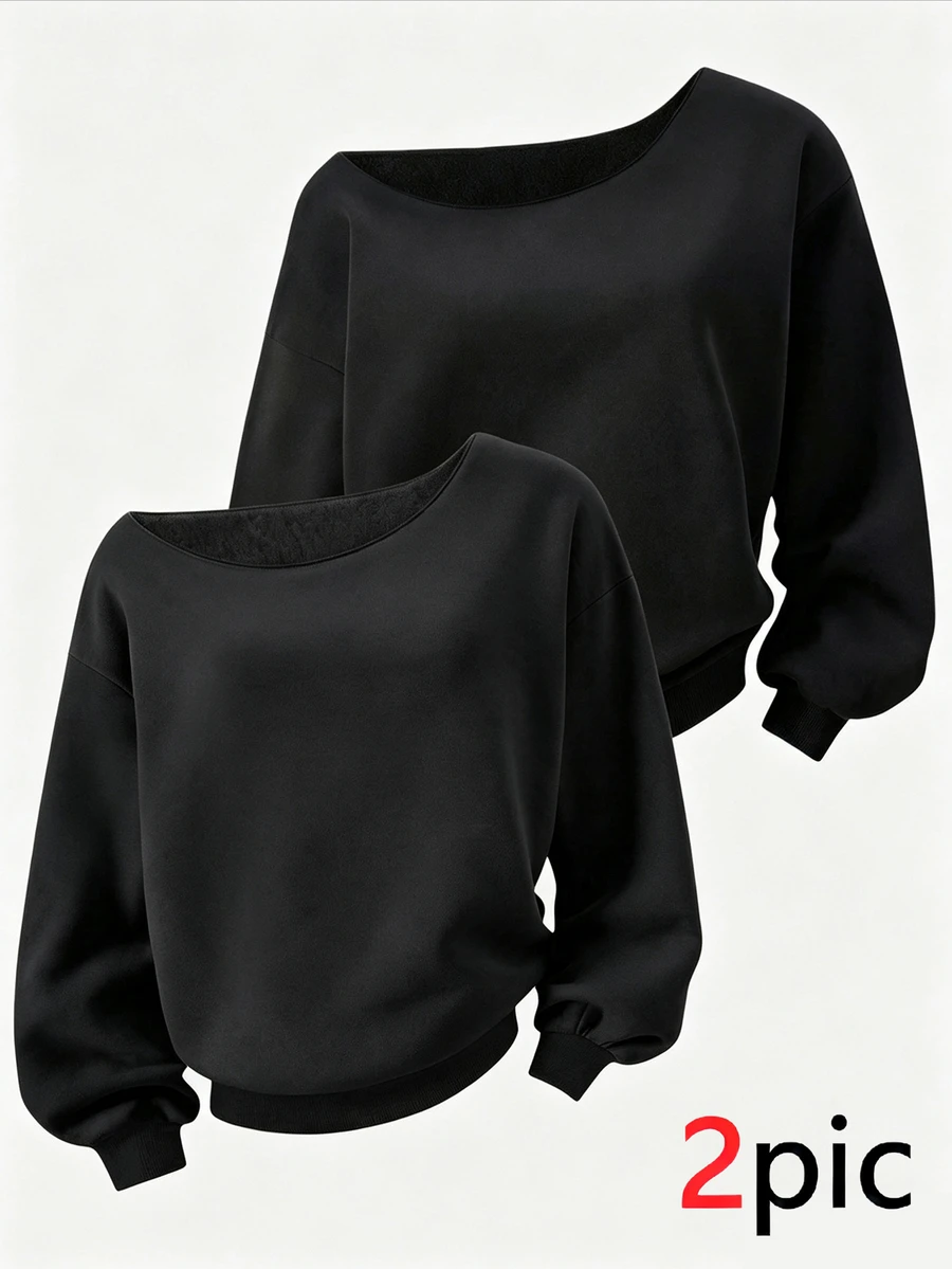 SHEIN 青少年女孩休閒可愛街頭風保暖內裡不對稱肩長袖運動衫,秋季/派對節日生日黑色,萬聖節 - 黑色 - 查看 1