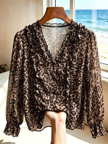 Balvessa Women's New Casual Commute Leopard Print Long Sleeve Blouse With Frill Trim - Brown - View 4