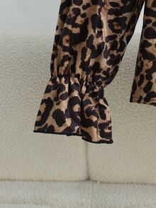 Balvessa Women's New Casual Commute Leopard Print Long Sleeve Blouse With Frill Trim - Brown - View 5