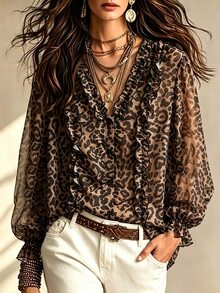 Balvessa Women's New Casual Commute Leopard Print Long Sleeve Blouse With Frill Trim - Brown - View 1
