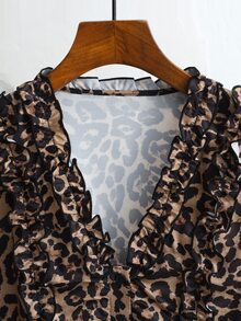 Balvessa Women's New Casual Commute Leopard Print Long Sleeve Blouse With Frill Trim - Brown - View 7