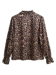 Balvessa Women's New Casual Commute Leopard Print Long Sleeve Blouse With Frill Trim - Brown - View 2