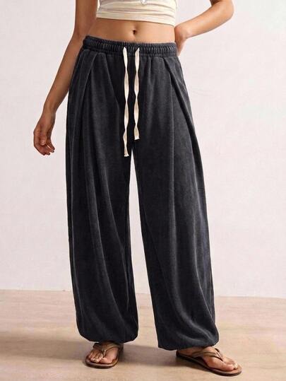 Bohemela Lässige einfarbige gestrickte Washed lockere Damen-Lange Hose