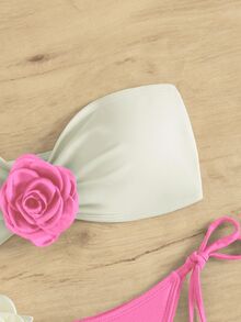 SHEIN Swim 夏季沙灘色塊無肩帶綁帶式比基尼套裝 - 彩色 - 查看 5